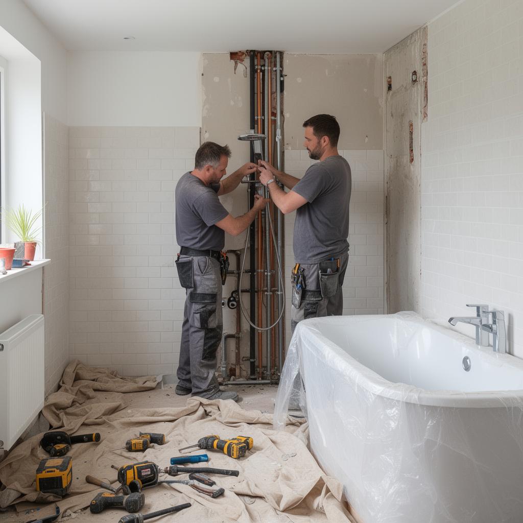 Bathroom renovation in progress with plumbers fitting pipework