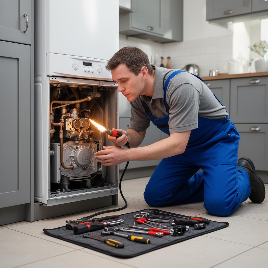 Plumber diagnosing boiler fault with torch and tools