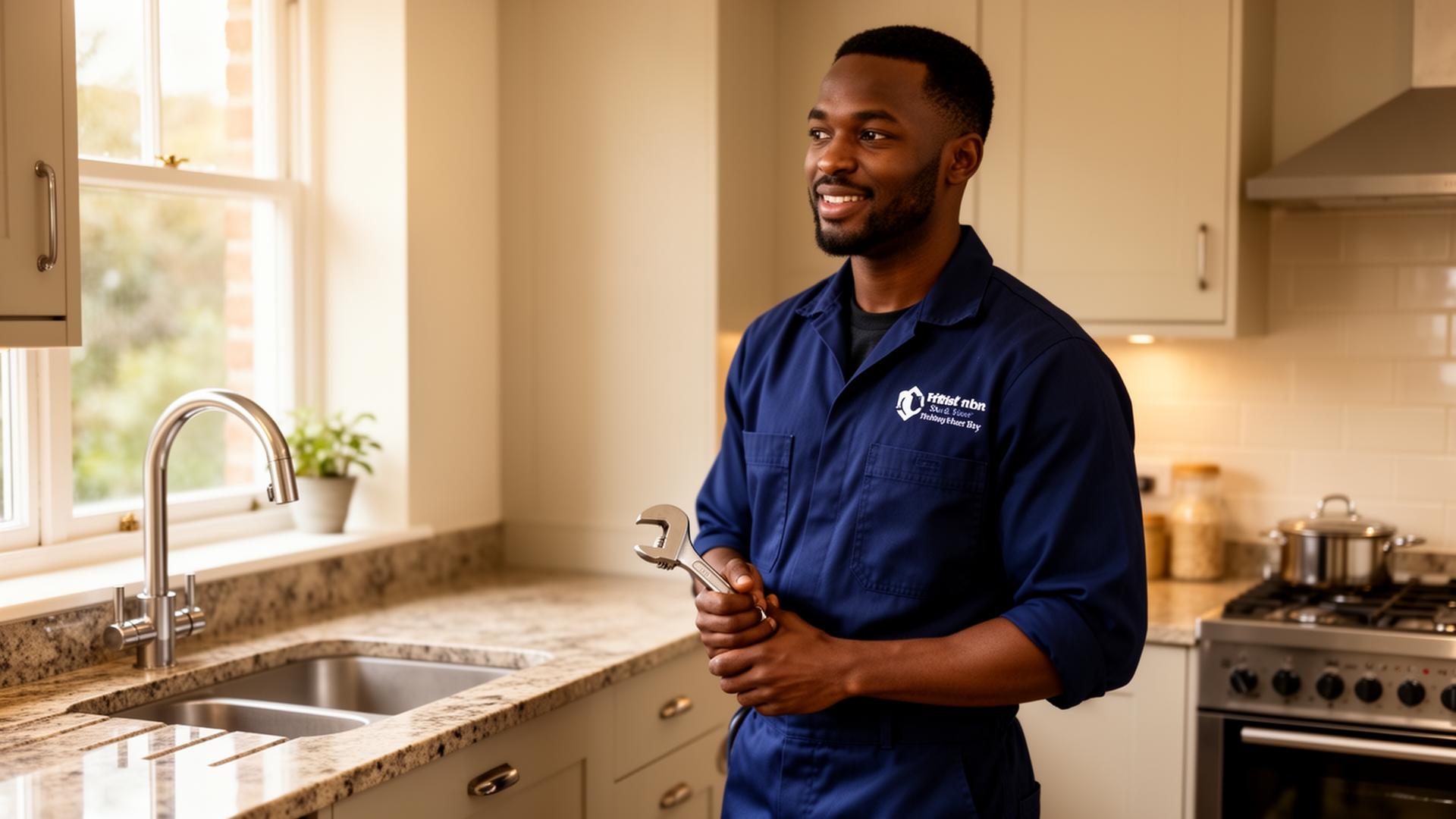 Friendly plumber working in a London home kitchen