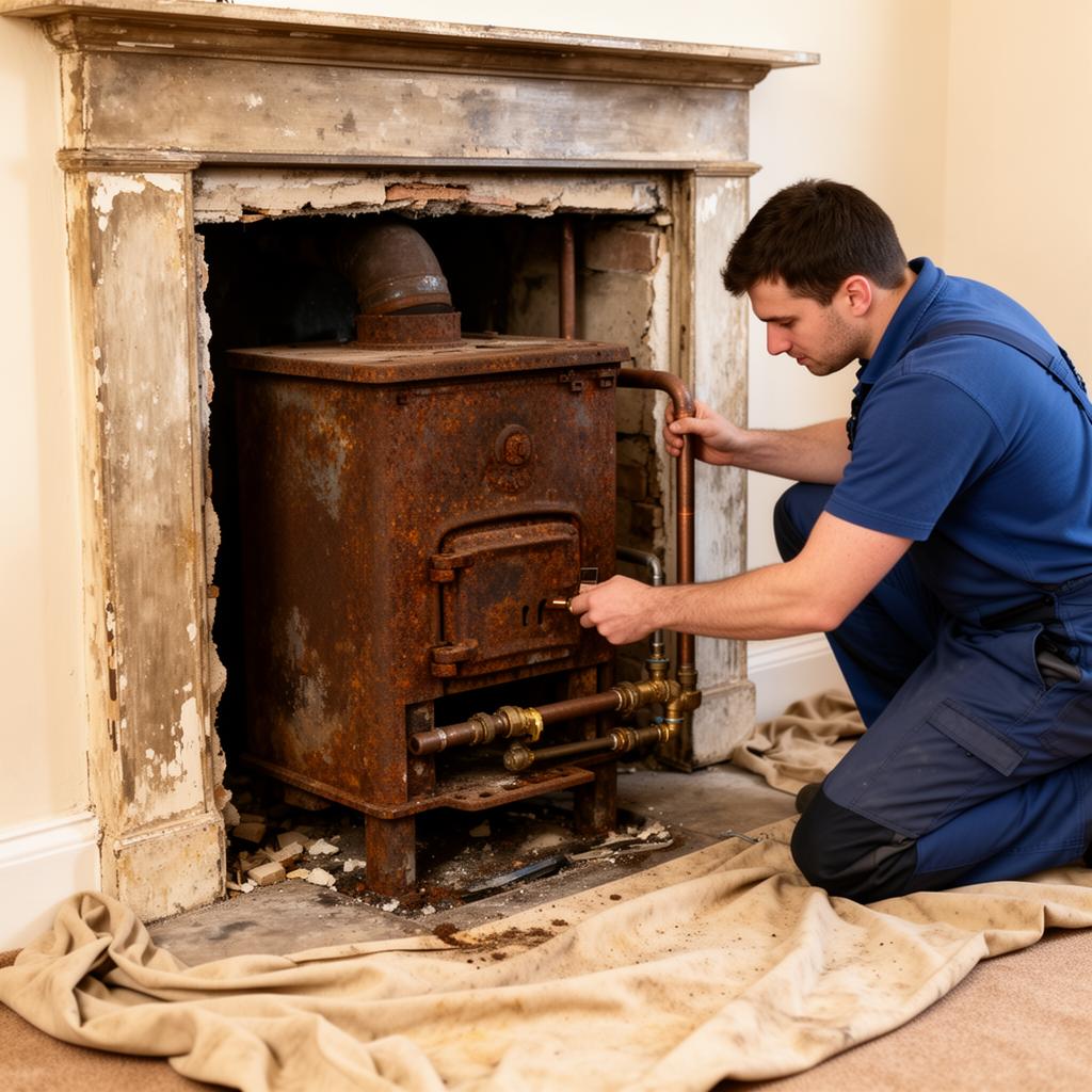 Old back boiler being removed from fireplace