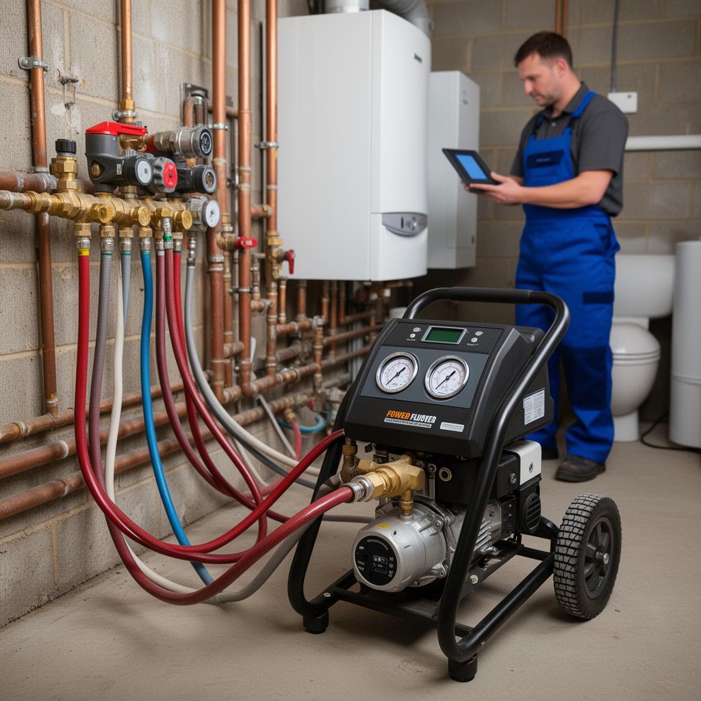 Power flushing machine connected to central heating system