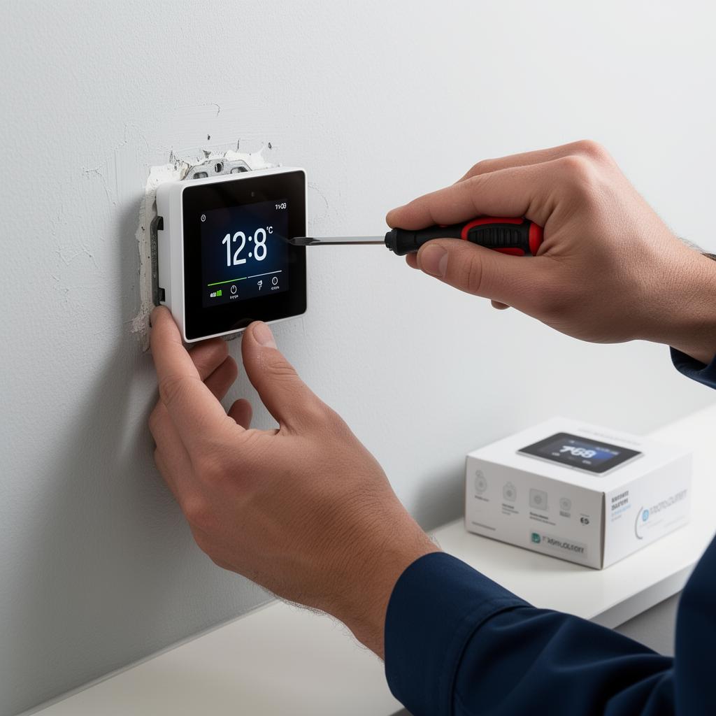 Smart thermostat being fitted to a wall