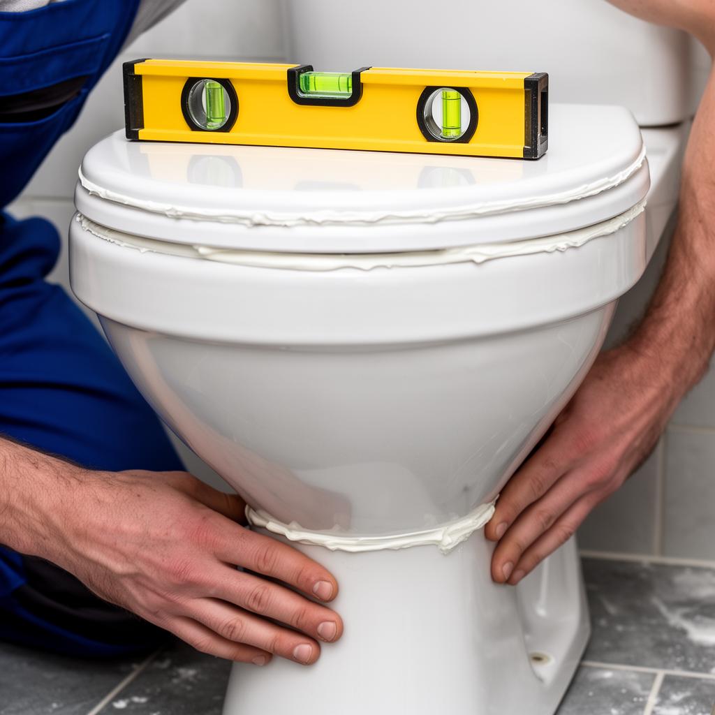 New toilet being fitted with spirit level for precision