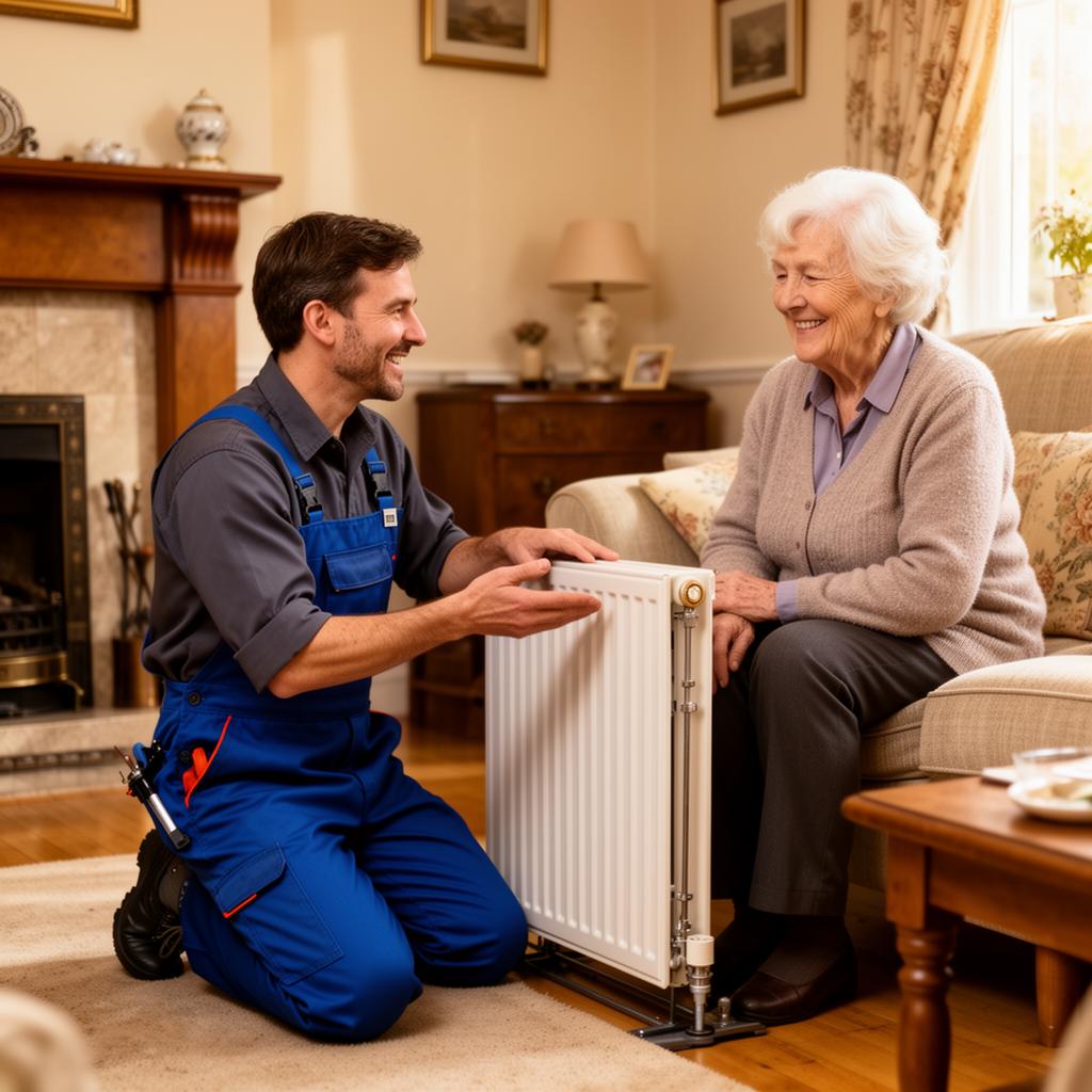 Plumber explaining radiator repair to a customer in her Redbridge home