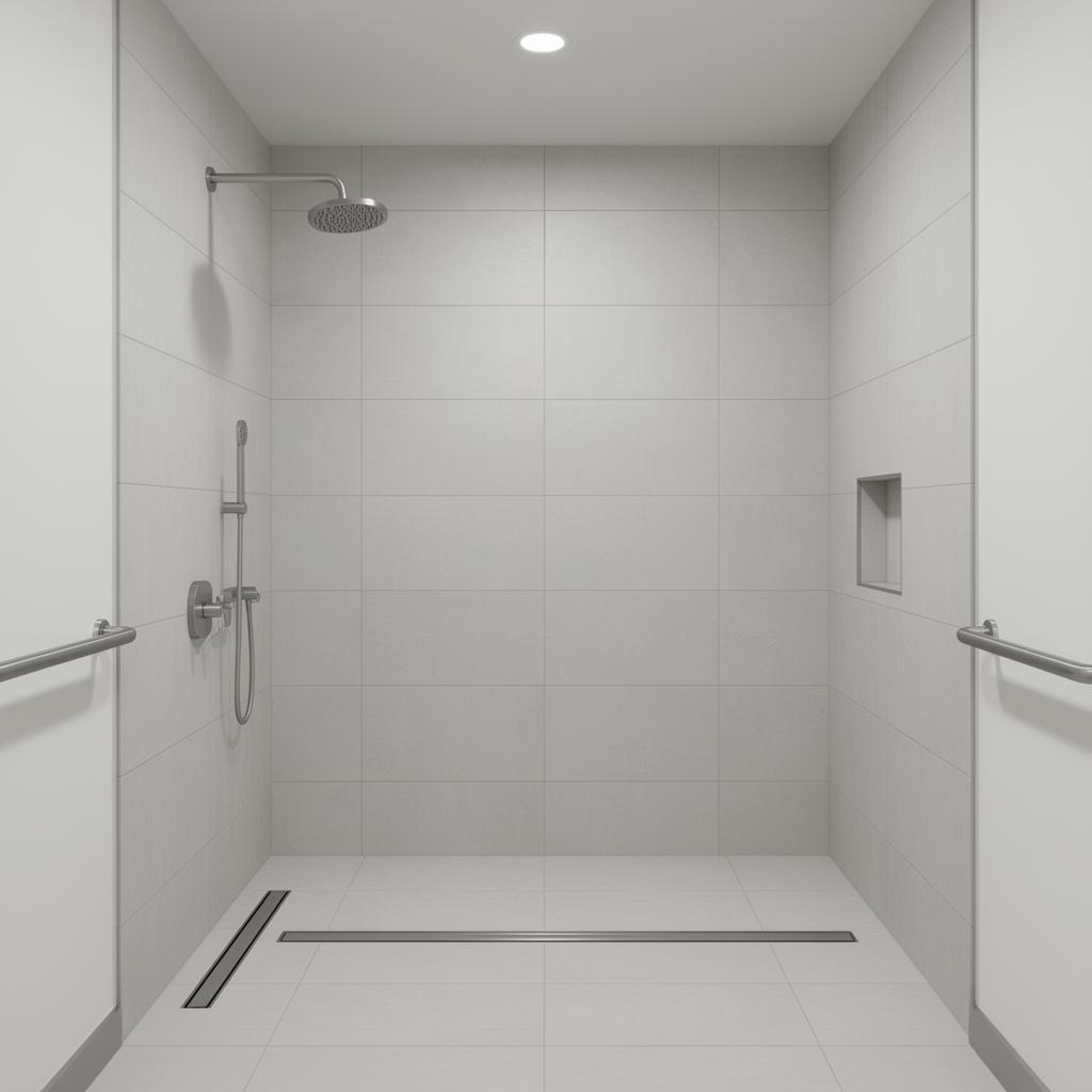 Completed accessible walk-in shower with linear drain